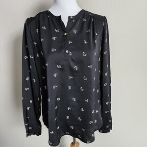 TWIK Shirt Womens Medium Origami Swan Bird Print‎ Blouse Flowy Top Black White
